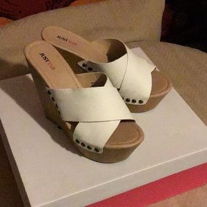 JustFab white wedges